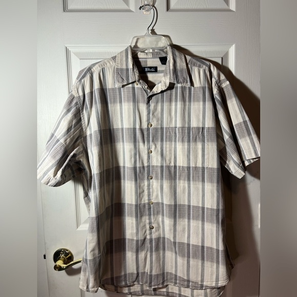 D’Avila Button Up Short Sleeve Tan Grey Plaid Shirt L - Picture 1 of 7